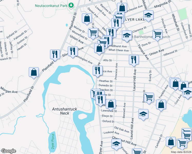 map of restaurants, bars, coffee shops, grocery stores, and more near 399 Dyer Avenue in Cranston