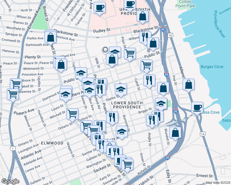 map of restaurants, bars, coffee shops, grocery stores, and more near 85 Burnside Street in Providence