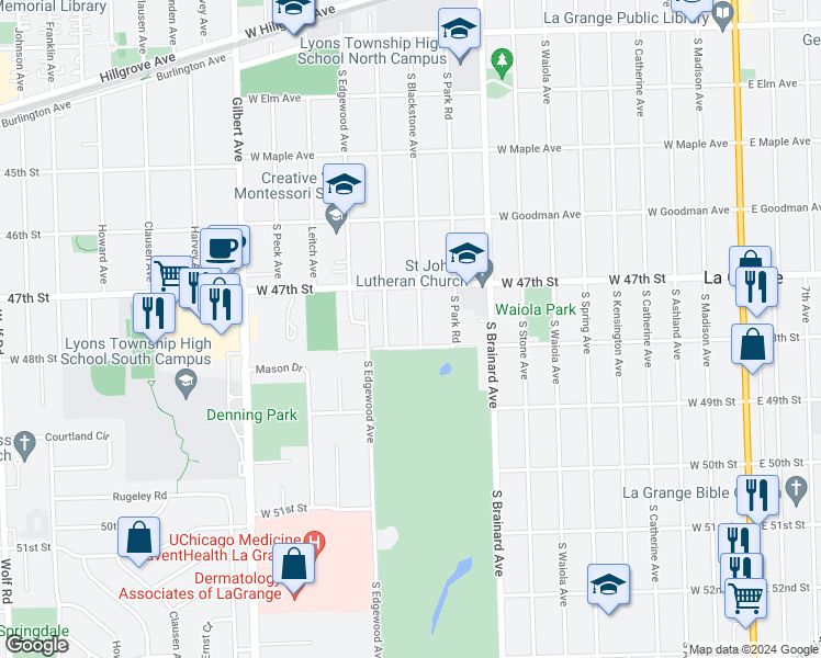 map of restaurants, bars, coffee shops, grocery stores, and more near 534 Blackstone Avenue in La Grange