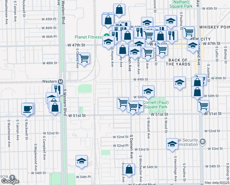 map of restaurants, bars, coffee shops, grocery stores, and more near 4945 South Hoyne Avenue in Chicago