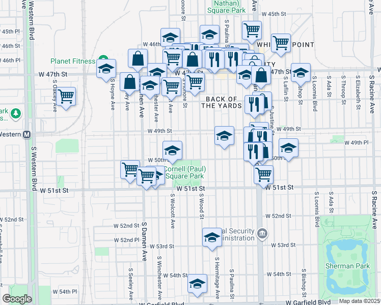 map of restaurants, bars, coffee shops, grocery stores, and more near 4947 South Honore Street in Chicago