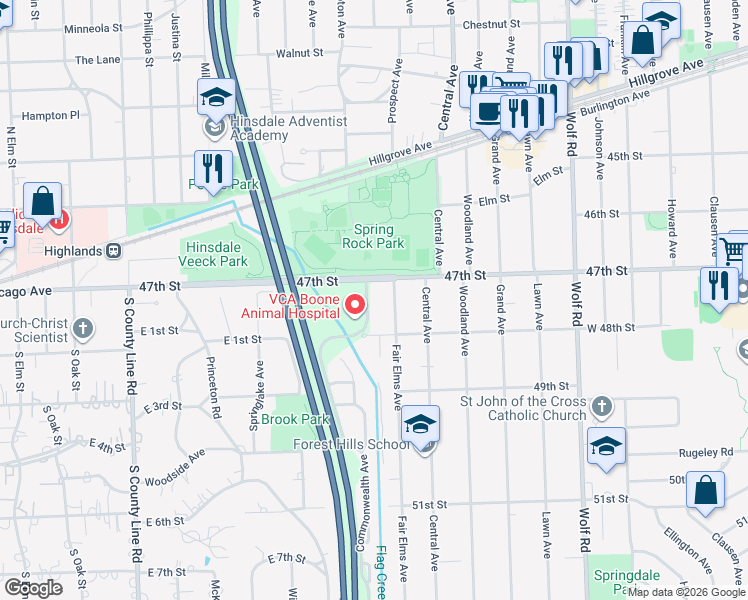 map of restaurants, bars, coffee shops, grocery stores, and more near 4709 Commonwealth Avenue in Western Springs