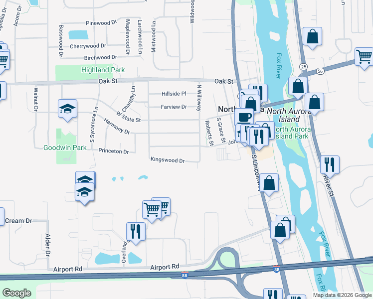 map of restaurants, bars, coffee shops, grocery stores, and more near 308 John Street in North Aurora
