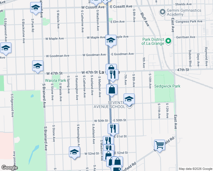 map of restaurants, bars, coffee shops, grocery stores, and more near 542 LaGrange Road in La Grange
