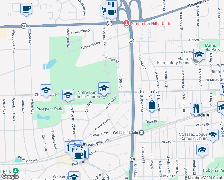 map of restaurants, bars, coffee shops, grocery stores, and more near 106 Chicago Avenue in Clarendon Hills