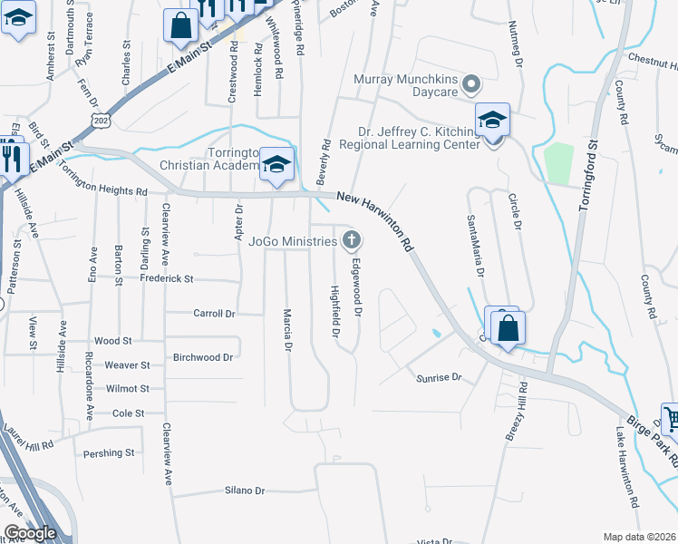 map of restaurants, bars, coffee shops, grocery stores, and more near 79 Highfield Drive in Torrington