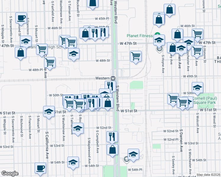map of restaurants, bars, coffee shops, grocery stores, and more near 4940 South Western Avenue in Chicago