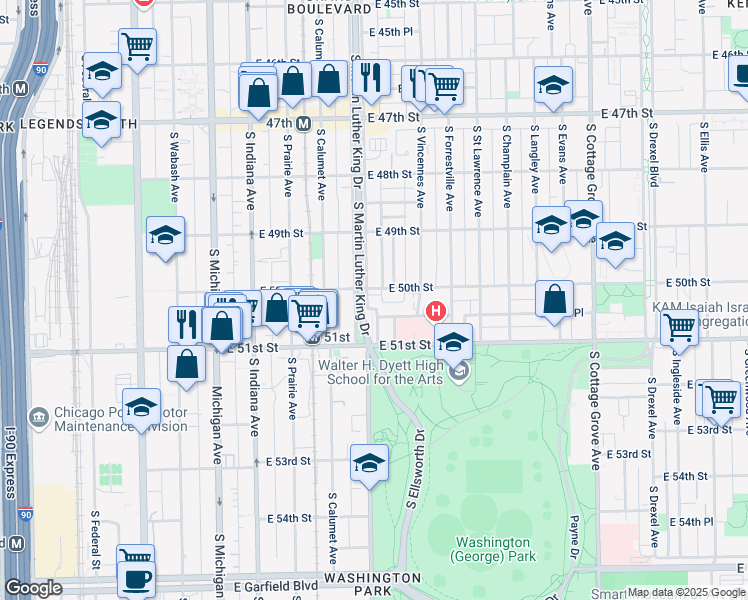 map of restaurants, bars, coffee shops, grocery stores, and more near 5013 South King Drive in Chicago