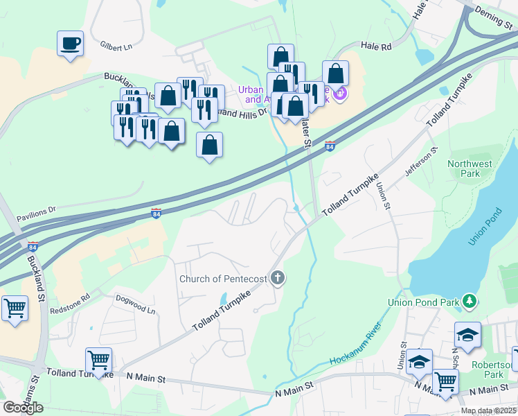 map of restaurants, bars, coffee shops, grocery stores, and more near 111 John Olds Drive in Manchester