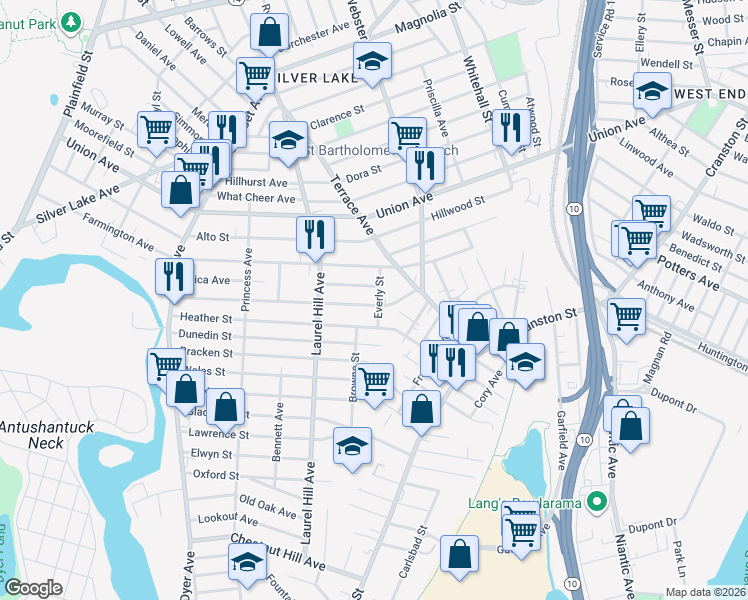map of restaurants, bars, coffee shops, grocery stores, and more near 196 Maplewood Avenue in Cranston