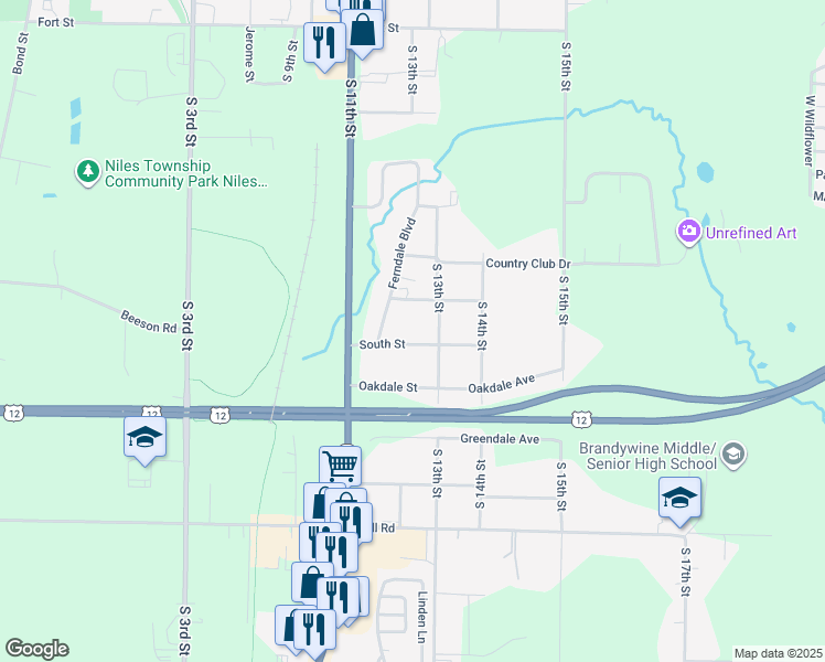 map of restaurants, bars, coffee shops, grocery stores, and more near 1141 South Street in Niles