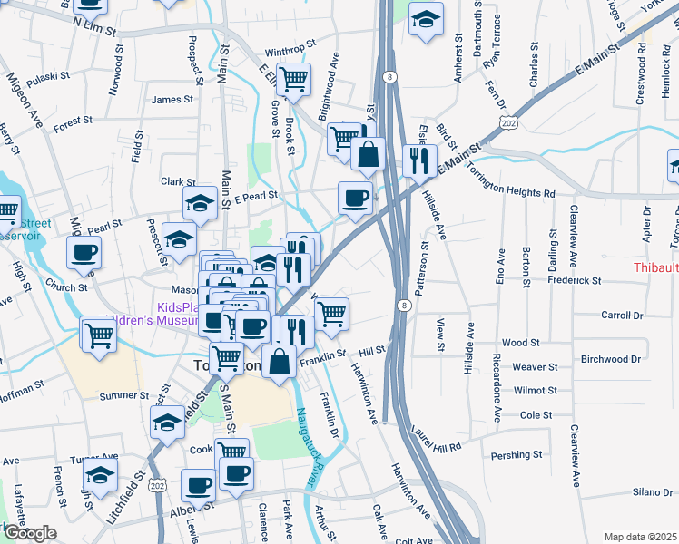 map of restaurants, bars, coffee shops, grocery stores, and more near 240 East Main Street in Torrington