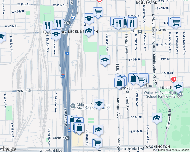 map of restaurants, bars, coffee shops, grocery stores, and more near 5010 South State Street in Chicago