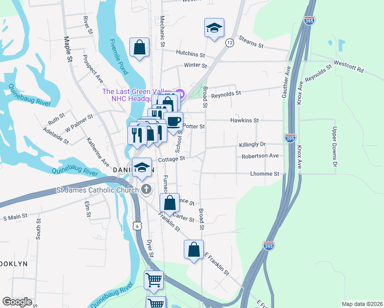 map of restaurants, bars, coffee shops, grocery stores, and more near 94 School Street in Killingly