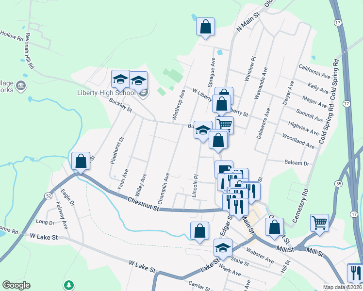 map of restaurants, bars, coffee shops, grocery stores, and more near 127 Champlin Avenue in Liberty