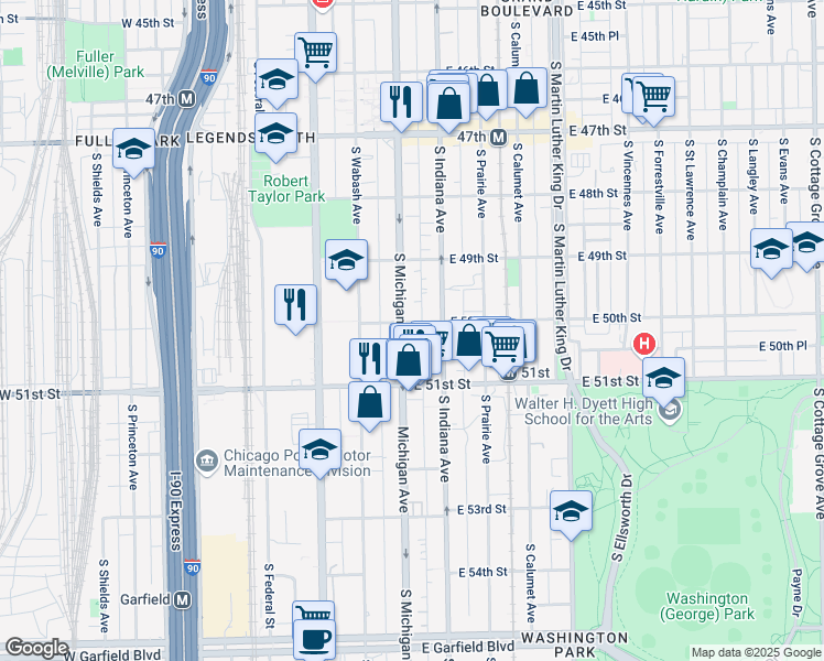 map of restaurants, bars, coffee shops, grocery stores, and more near 5009 South Michigan Avenue in Chicago