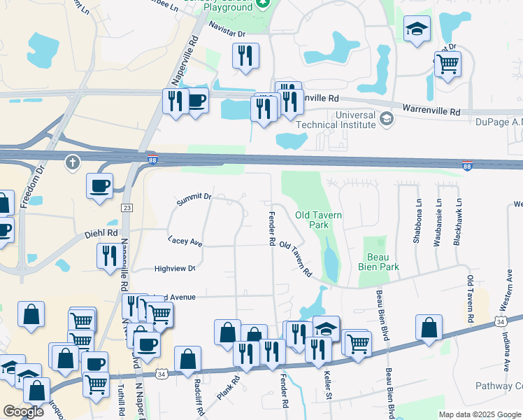 map of restaurants, bars, coffee shops, grocery stores, and more near 4S574 Fender Road in Naperville