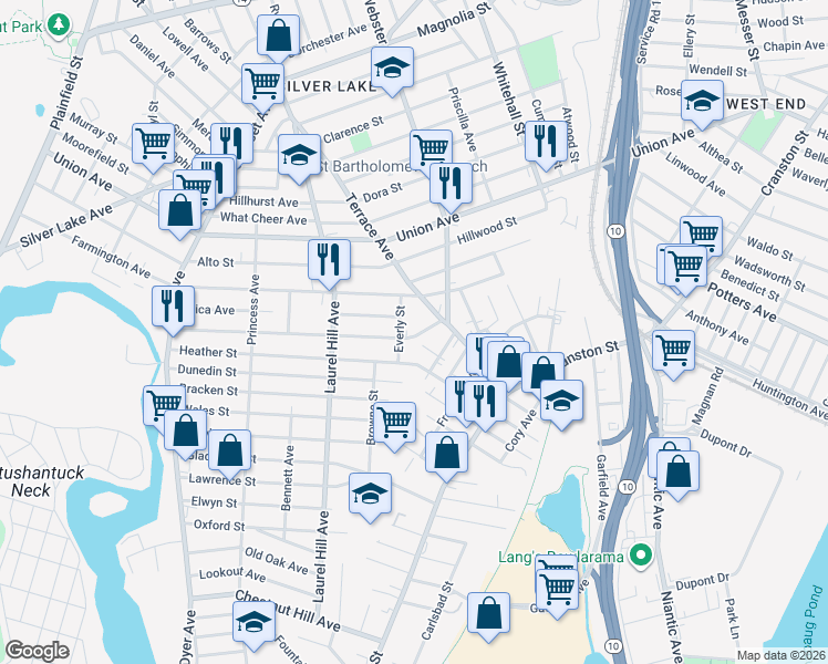 map of restaurants, bars, coffee shops, grocery stores, and more near 196 Maplewood Avenue in Cranston