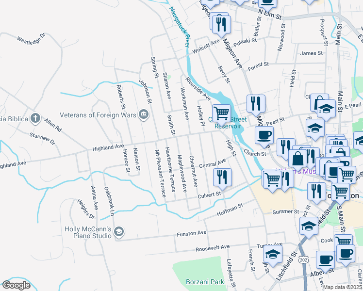 map of restaurants, bars, coffee shops, grocery stores, and more near 13 Maplewood Avenue in Torrington