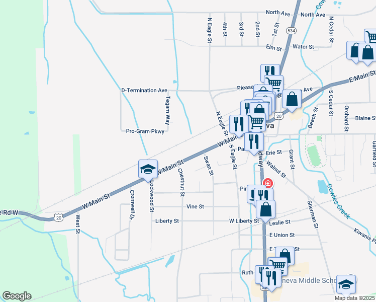 map of restaurants, bars, coffee shops, grocery stores, and more near 337 West Main Street in Geneva