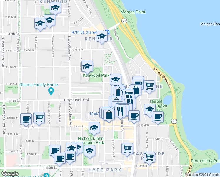 map of restaurants, bars, coffee shops, grocery stores, and more near 5026 South Blackstone Avenue in Chicago