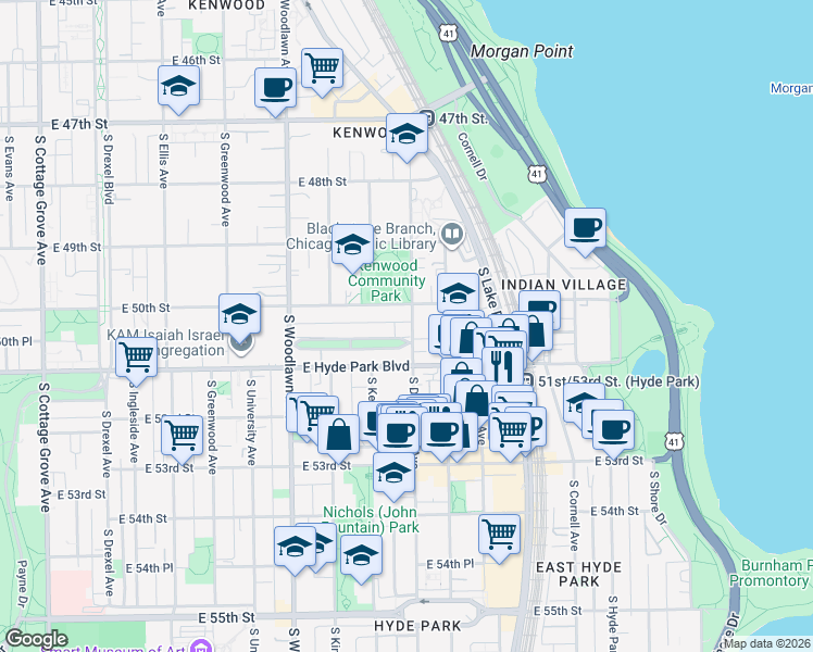 map of restaurants, bars, coffee shops, grocery stores, and more near 1370 East Madison Park in Chicago