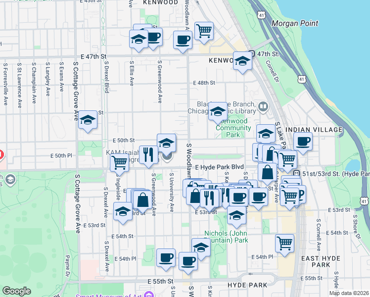 map of restaurants, bars, coffee shops, grocery stores, and more near 5018 South Woodlawn Avenue in Chicago