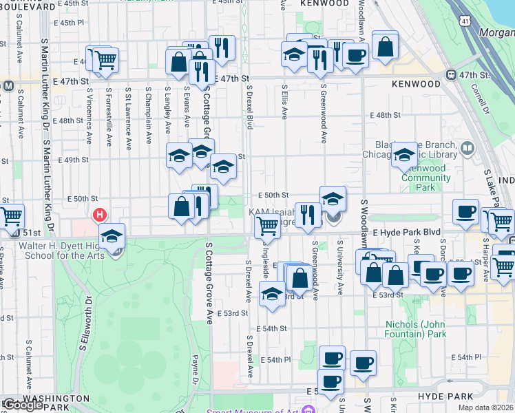 map of restaurants, bars, coffee shops, grocery stores, and more near 5021 South Drexel Boulevard in Chicago