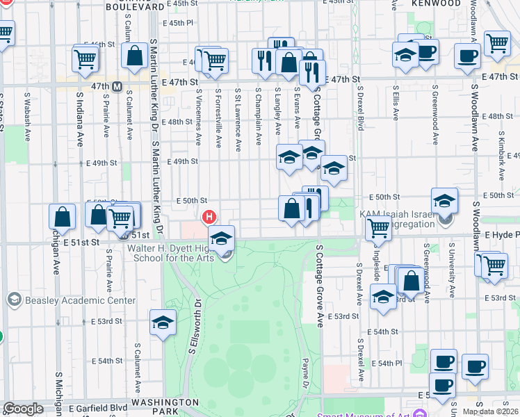 map of restaurants, bars, coffee shops, grocery stores, and more near 5015 South Champlain Avenue in Chicago