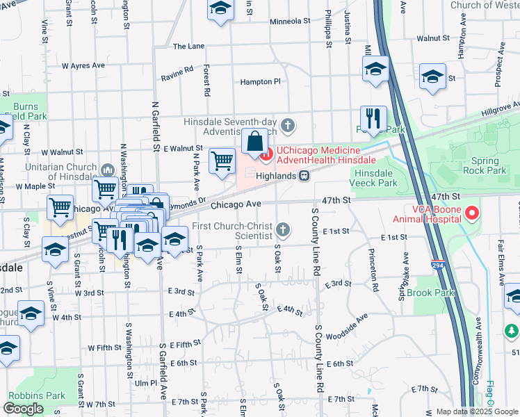 map of restaurants, bars, coffee shops, grocery stores, and more near 3 Orchard Place in Hinsdale