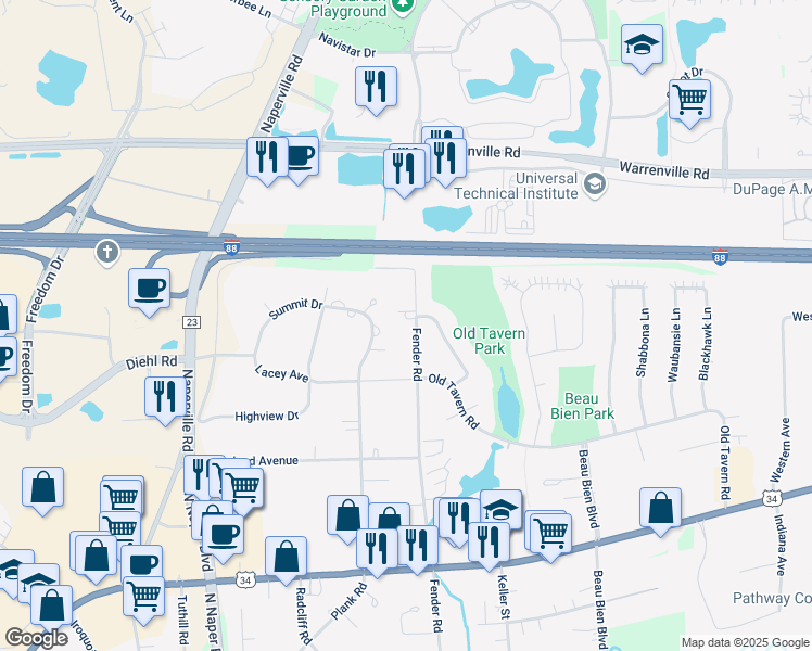 map of restaurants, bars, coffee shops, grocery stores, and more near 4S574 Fender Road in Naperville