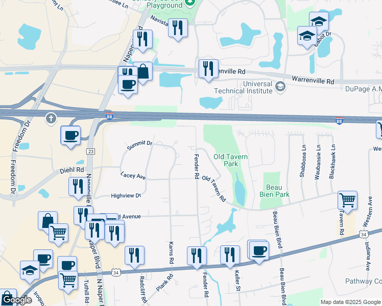 map of restaurants, bars, coffee shops, grocery stores, and more near 4S574 Fender Road in Naperville