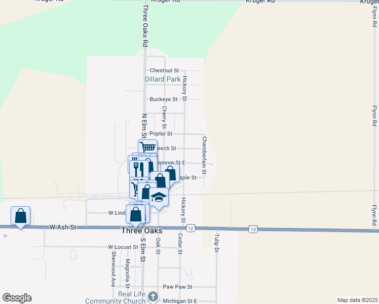 map of restaurants, bars, coffee shops, grocery stores, and more near 112 East Beech Street in Three Oaks