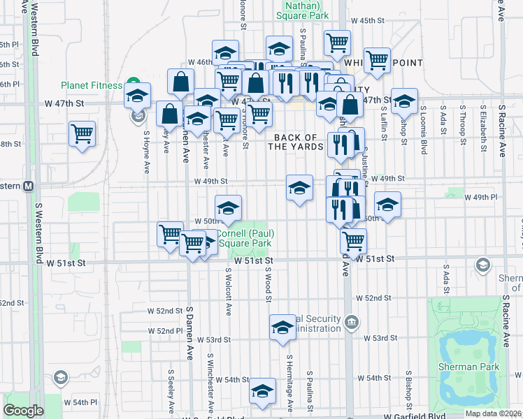 map of restaurants, bars, coffee shops, grocery stores, and more near 4947 South Honore Street in Chicago