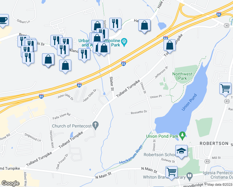 map of restaurants, bars, coffee shops, grocery stores, and more near 647 Tolland Turnpike in Manchester