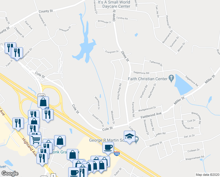 map of restaurants, bars, coffee shops, grocery stores, and more near 87 Mohawk Drive in Seekonk