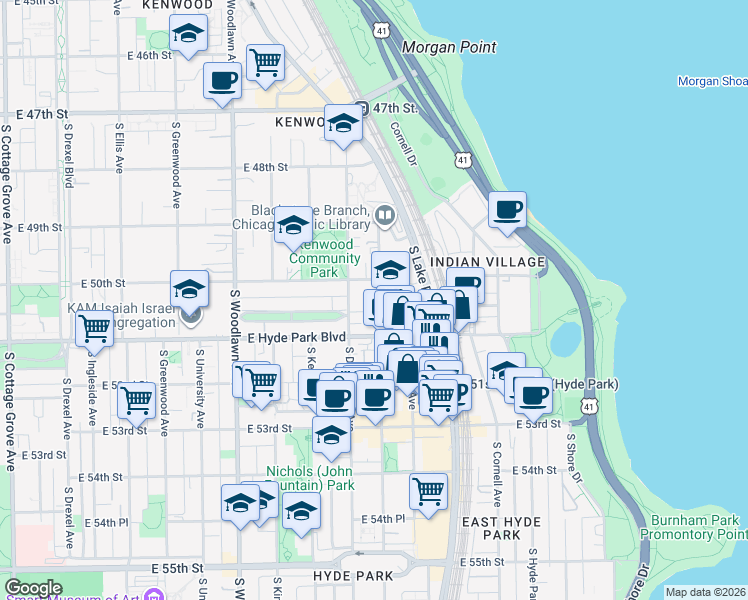 map of restaurants, bars, coffee shops, grocery stores, and more near 5018 South Blackstone Avenue in Chicago