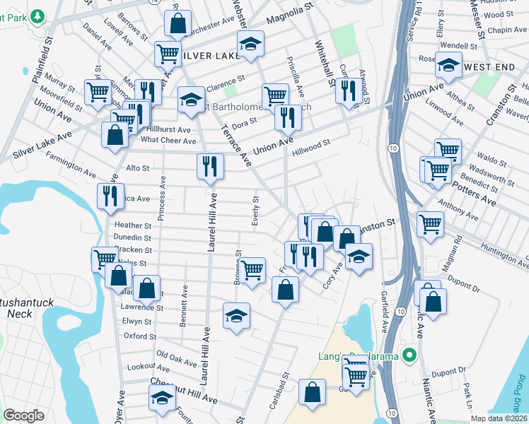 map of restaurants, bars, coffee shops, grocery stores, and more near 196 Maplewood Avenue in Cranston
