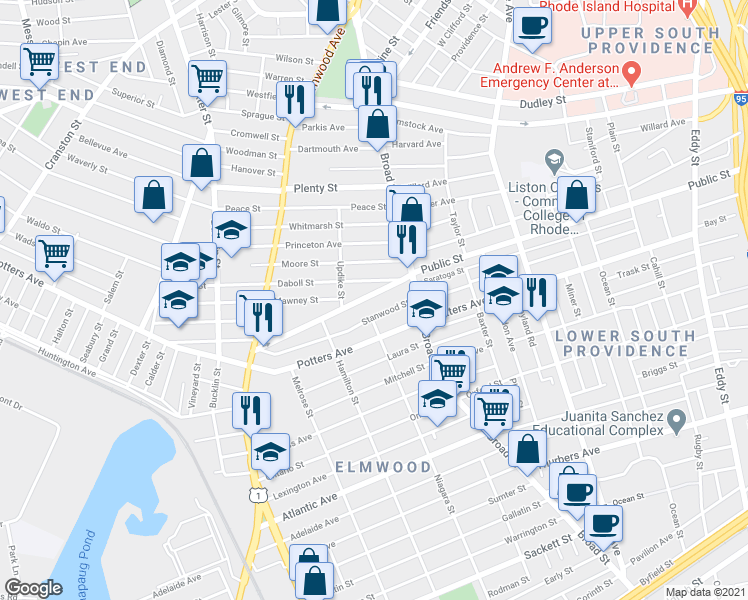 map of restaurants, bars, coffee shops, grocery stores, and more near 582 Public Street in Providence