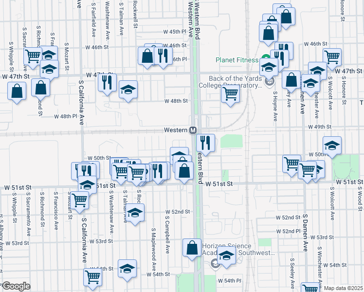 map of restaurants, bars, coffee shops, grocery stores, and more near 4939 South Artesian Avenue in Chicago