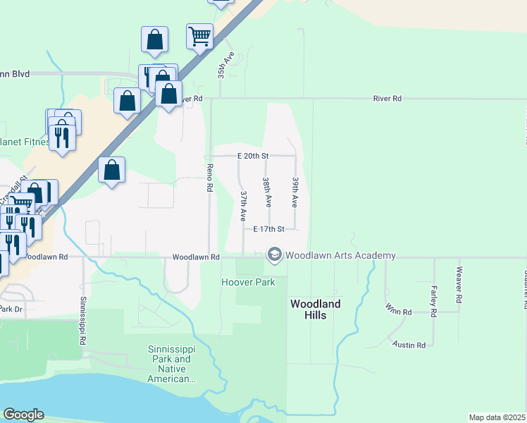 map of restaurants, bars, coffee shops, grocery stores, and more near 1703 38th Avenue in Sterling