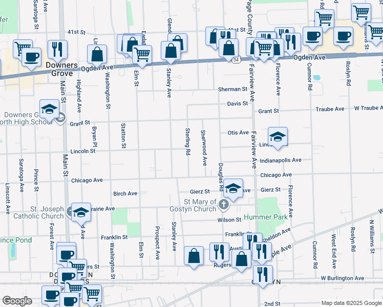 map of restaurants, bars, coffee shops, grocery stores, and more near 4605 Sterling Road in Downers Grove