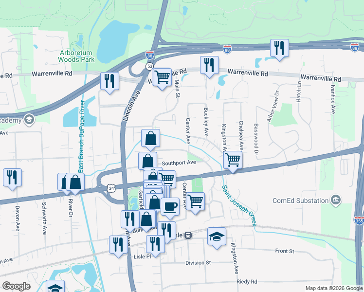 map of restaurants, bars, coffee shops, grocery stores, and more near 1004 Lacey Avenue in Lisle