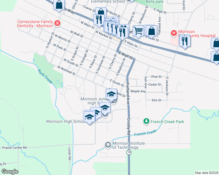 map of restaurants, bars, coffee shops, grocery stores, and more near 510 South Madison Street in Morrison