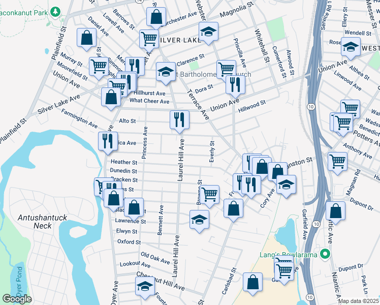 map of restaurants, bars, coffee shops, grocery stores, and more near 158 Maplewood Avenue in Cranston