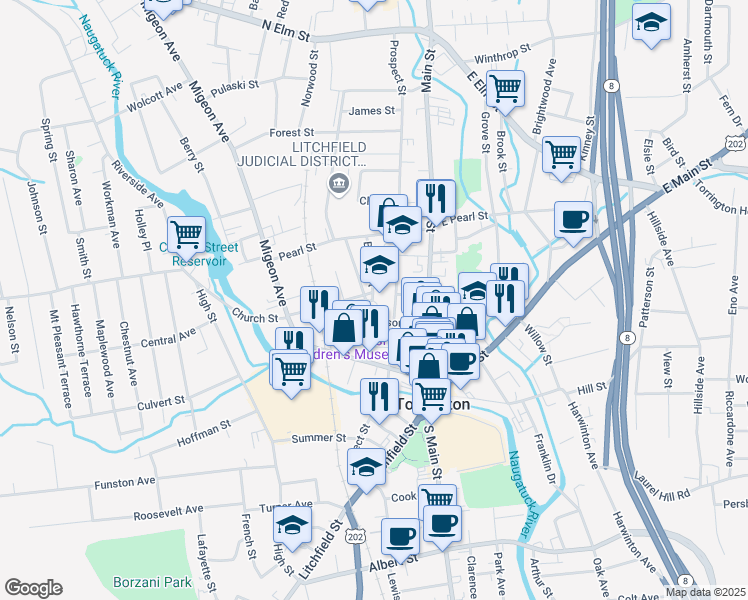 map of restaurants, bars, coffee shops, grocery stores, and more near 68 Church Street in Torrington