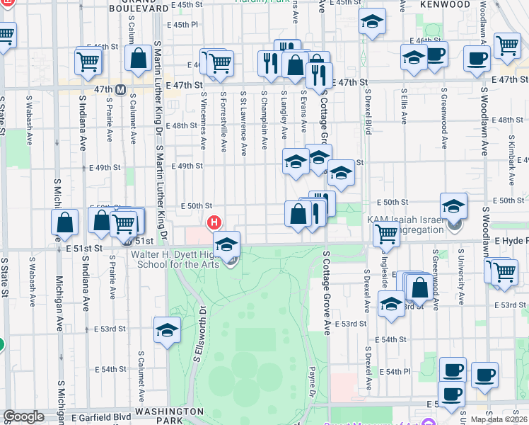 map of restaurants, bars, coffee shops, grocery stores, and more near 5008 South Champlain Avenue in Chicago