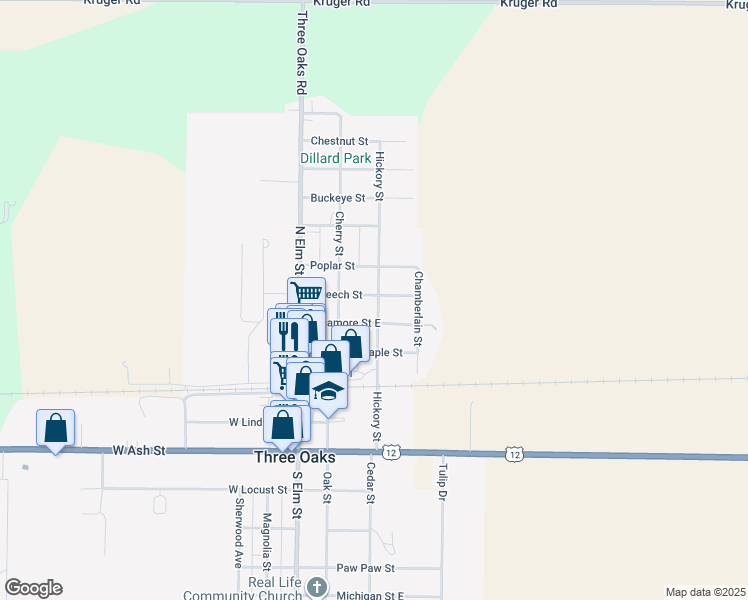map of restaurants, bars, coffee shops, grocery stores, and more near 112 East Beech Street in Three Oaks