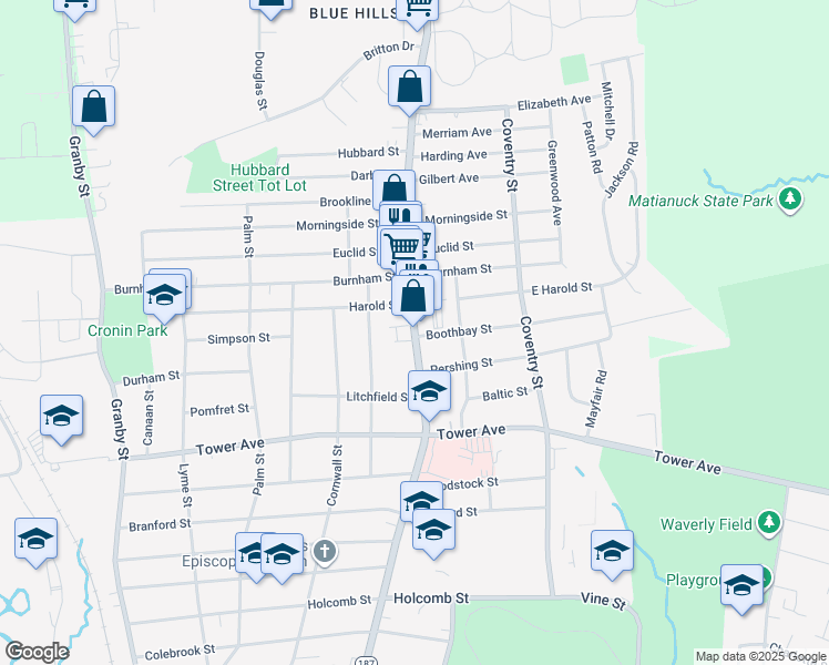 map of restaurants, bars, coffee shops, grocery stores, and more near 615 Blue Hills Ave in Hartford