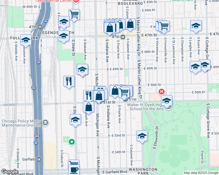 map of restaurants, bars, coffee shops, grocery stores, and more near 5001 South Indiana Avenue in Chicago